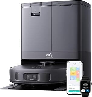 Robô aspirador eufy X10 Pro em preto com interface de aplicativo no smartphone