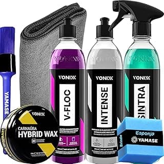 Kit estética automotiva Vonixx com Shampoo V-FLOC, Cera Hybrid Wax, Sintra Fast APC e Restaurador de Plásticos Intense