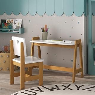 Mesa de Escritorio Infantil e Cadeira com Assento Branco e Estrutura de Madeira Clara