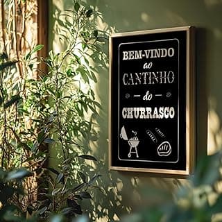 Quadro decorativo cantinho do churrasco com moldura dourada e fundo preto
