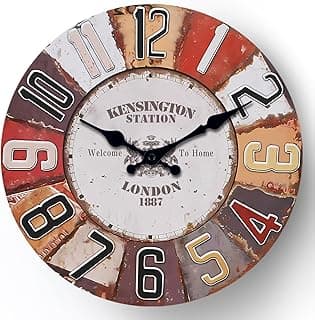 Relógio de parede vintage de 30 cm, design Kensington Station London, tema Welcome to Home, vermelho rústico e marrom