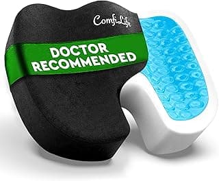 Almofada de assento ComfiLife com gel e espuma viscoelástica, recomendada por médicos, para alívio da dor no cóccix em cadeiras de escritório e carros.