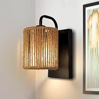 Arandela de parede de vime com corda de cânhamo, iluminação de parede estilo boêmio, lâmpada de parede rústica