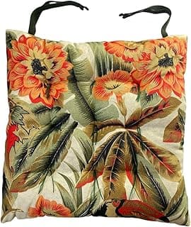 Almofada para cadeira com estampa tropical de flores e folhas em tons de verde, amarelo e vermelho