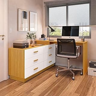 Escrivaninha Mesa Escritório em L com Cômoda Leonie 6 Gavetas 138cm Yescasa Freijó E Branco Freijó/Branco
