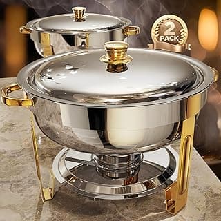 ZILODE Rechauds para buffet 2 pack, 5qt [montagem sem preocupações] conjunto de rechauds redondos para buffet [elegantes cores ouro e prata] forras de aço inoxidável e conjuntos de aquecedor