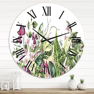 Relógio de parede tropical com flores e folhas verdes, design floral vintage.