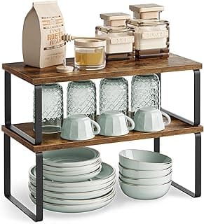SONGMICS Organizador de Temperos, Kit com 2 Prateleiras para Armário, Prateleira de Cozinha Expansível, Suporte Empilhável para Temperos, Metal e Madeira, Preto Tinta e Marrom Rústico BRKCS200X01