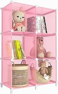 Prateleira de armazenamento rosa claro com 6 cubos transparentes, 30 x 30 x 30 cm, com livros, cesta e bichinhos de pelúcia
