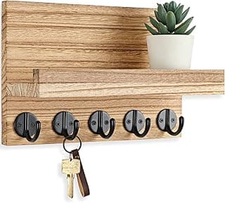 Porta-chaves Lwenki para parede, decorativo e porta-cartas, com prateleira, ganchos grandes para chaves, casacos, cabide de madeira Paulownia com ferragens de montagem (24,9 cm L x 17 cm A x 10 cm