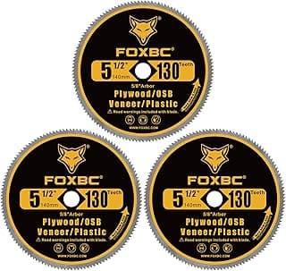 FOXBC Lâmina de Serra Circular de 5-1/2 Polegadas com 130 Dentes Para Corte de Compensado, Folheado, Osb E Plástico, com Eixo de 5/8 de Polegada E Bucha de 1/2" E 3/8" - Pacote com 3 Unidades