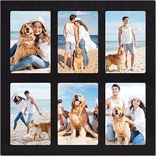 Colagem de porta-retrato preto com 6 fotos de 10x15cm de pessoas com cães na praia