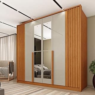 Guarda roupa casal 6 portas ripado 4 gavetas 244cm Nova York com espelho cinamamo off white