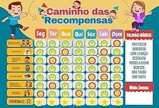 Quadro de incentivo infantil com recompensas diárias, fundo amarelo e azul, emojis coloridos