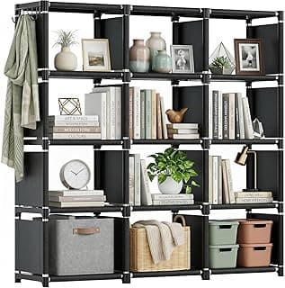 Mavivegue Prateleira de livros, organizador de armazenamento de 12 cubos, estante de livros DIY, estante de metal, capa alta para quarto, sala de estar, escritório, armário, suporte de cubículo preto