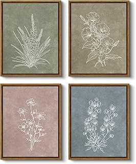 Conjunto de 4 quadros decorativos minimalistas com flores brancas em fundos cinzentos e beges, moldura marrom