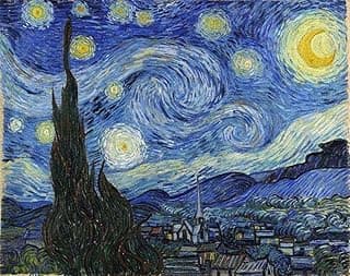 Pintura 'Noite Estrelada' de Vincent van Gogh em tela canvas, céu estrelado com vila abaixo
