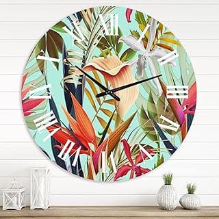 Relógio de parede tropical DesignQ com flores vintage e folhagens botânicas