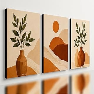 Kit de 3 quadros decorativos boêmios modernos com folhagens e jarros em tons terrosos