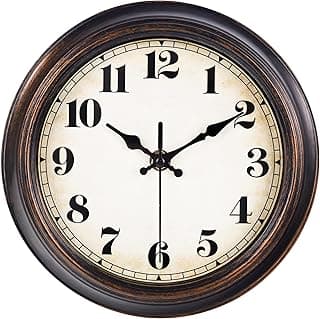 Relógio de parede vintage bronze de 20 cm, mostrador branco com números pretos.