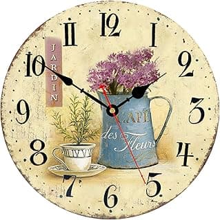 Relógio de parede de madeira, 35,5 cm, algarismos arábicos, fácil de ler, relógio de parede silencioso vintage operado por bateria estilo café e flores, decorativo para quarto, sala de estar
