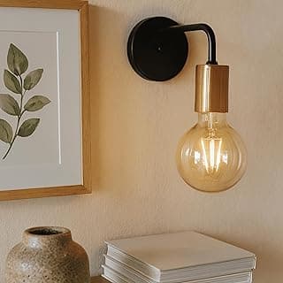 Luminária de parede minimalista industrial preto cobre iluminada por lâmpada incandescente