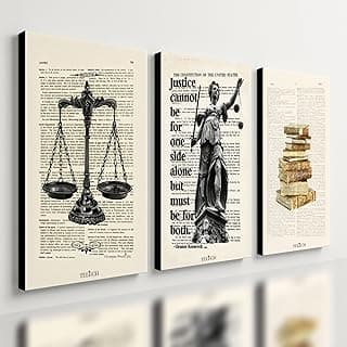 Kit 3 Quadros Decorativos Advocacia Escritório Justiça Placa com Balança, Estátua e Livros