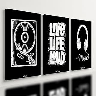 Kit de 3 quadros decorativos de música moderna em preto e branco