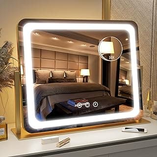Espelho de maquiagem dourado com iluminação LED, tamanho grande 56 x 48 cm, com bordas brancas e luzes LED ao redor.