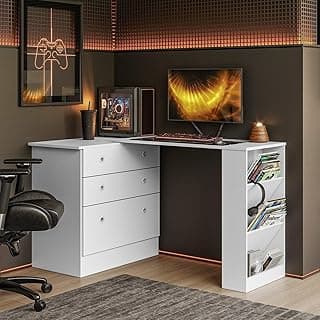 Escrivaninha Mesa Escritório em L Retrátil com Cômoda Módulos e Complementos 3 Gavetas 91,3cm Branco Branco