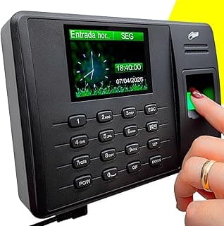 Relógio de ponto biométrico digital preto com tela verde e botão de impressão digital verde