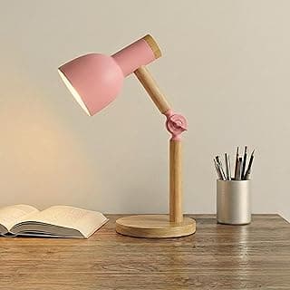 Luminária de mesa articulada rosa com base de madeira dobrável, ideal para home office e escritórios.
