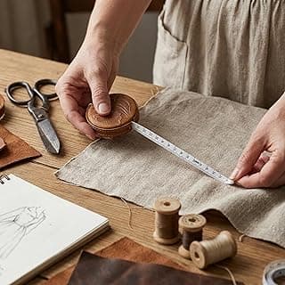 Fita métrica de couro vintage de 150 cm, aberta e medindo tecido em uma mesa com ferramentas de costura.