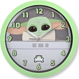 Relógio de parede Baby Yoda Star Wars com fundo cinza e números verdes