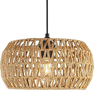 Luz pendente de vime 32 cm com corda de cânhamo, estilo boho, para sala de jantar ou cozinha.