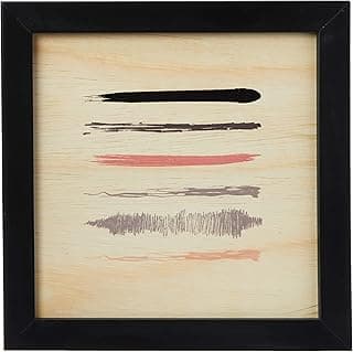 Quadro decorativo abstrato em madeira com moldura preta, linhas em preto, marrom e rosa.