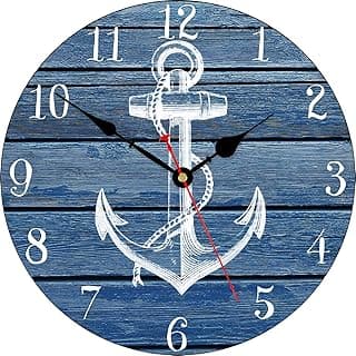 TAHEAT Relógio de parede náutico âncora de praia, acessórios e decoração de banheiro azul marinho, relógios vintage decorativos operados a bateria para sala de estar/cozinha/casa/casa do lago, 30,5 cm