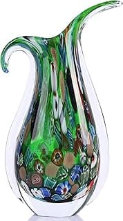 Vaso de vidro verde com detalhes multicoloridos - boca larga