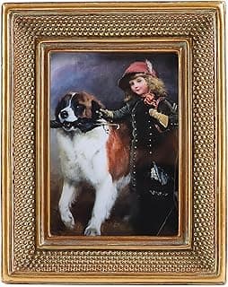 Porta-retratos vintage pequeno com moldura dourada e pintura de criança com cachorro