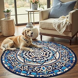 Tapete redondo azul mandala 1,5m com design geométrico para sala de estar