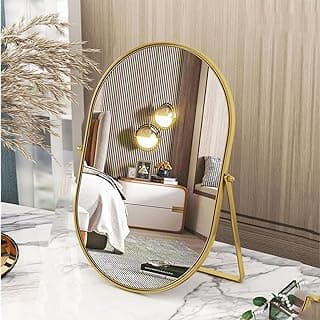 Espelho oval de mesa dourado com base ajustável para maquiagem, ideal para quarto e sala de estar.