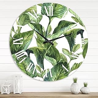 Relógio de parede tropical com folhagem verde e números romanos pretos