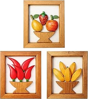 Kit 3 Quadros De Madeira Artesanais Pequenos Com Frutas Pimentas E Bananas Decoração Cozinha E Área Gourmet