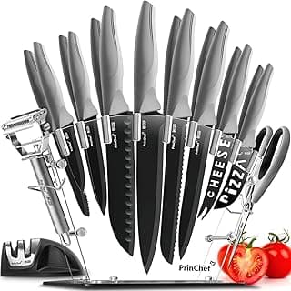 PrinChef Conjunto de facas, conjunto de facas de cozinha com 19 peças | Conjunto de facas de chef ultra afiadas com revestimento antiaderente - sem ferrugem e sem arranhões | Conjunto de facas pretas de aço carbono com apontador, descascador, tesoura