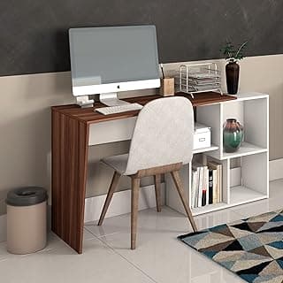 Escrivaninha em L e Regulável para Home Office com 4 Nichos, Ipê com Branco, Urban Artany
