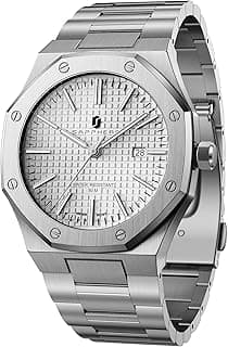 Relógio masculino octogonal SAPPHERO em aço inoxidável com mostrador prateado e pulseira elegante