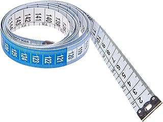 Fita métrica de 1,50 metros, azul e branco, números e medidas impressas, fundo branco