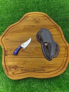 Faca Campeira Genérico Tatuzinha Lisa Lâmina Aço Inox 8 cm Cabo Madeira Bainha Couro Azul