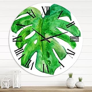 Relógio de parede DesignQ com folha de Monstera verde e números romanos pretos