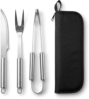Kit churrasco profissional com faca, garfo e pegador em aço inoxidável com estojo preto